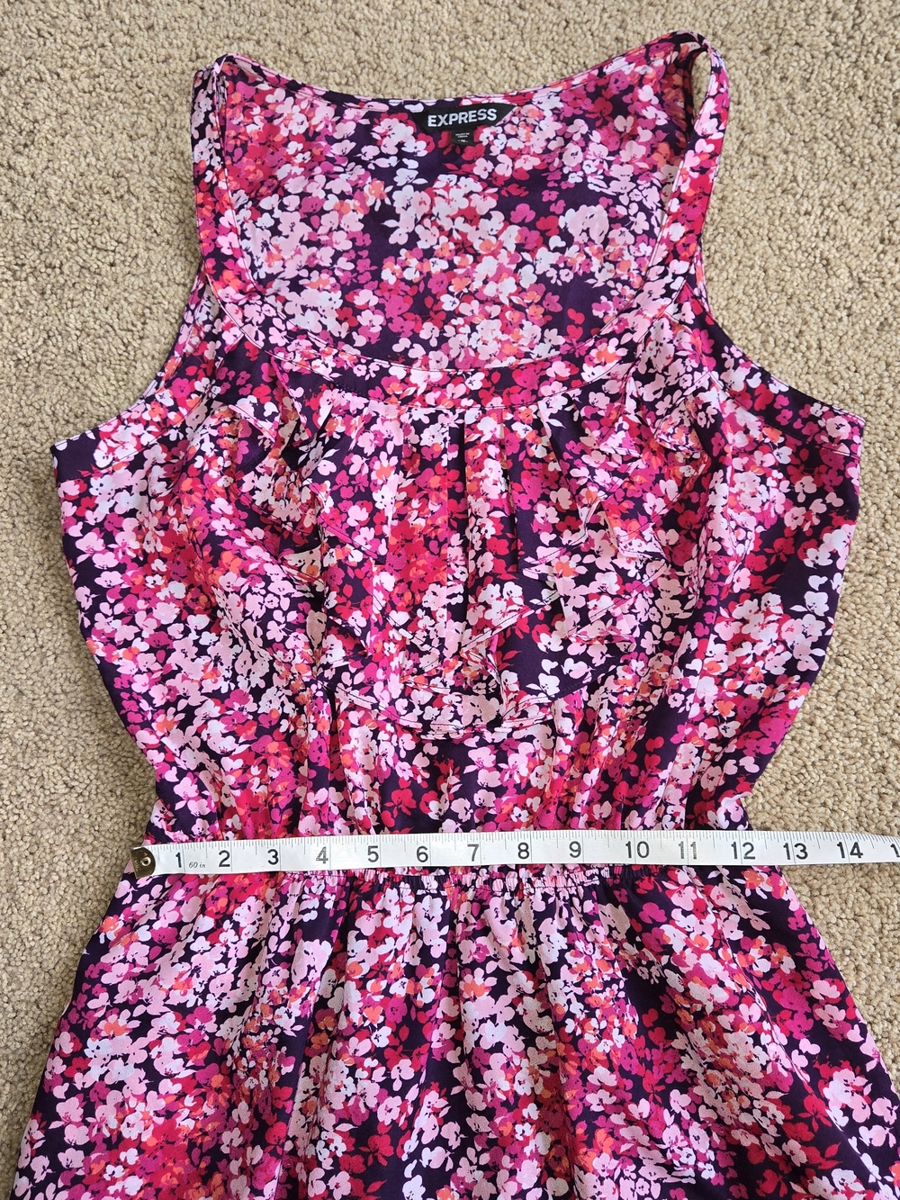 EXPRESS Floral Ruffle Neck Dress Pink Purple Elastic Waist Pockets Medium - Picture 4 of 8